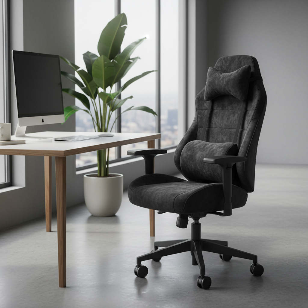 현대적인 인체공학적 사무용 의자에 장착된 블랙 벨벳 소재의 목쿠션, 깨끗한 데스크탑과 초록색 화분이 놓인 미니멀한 사무실 배경