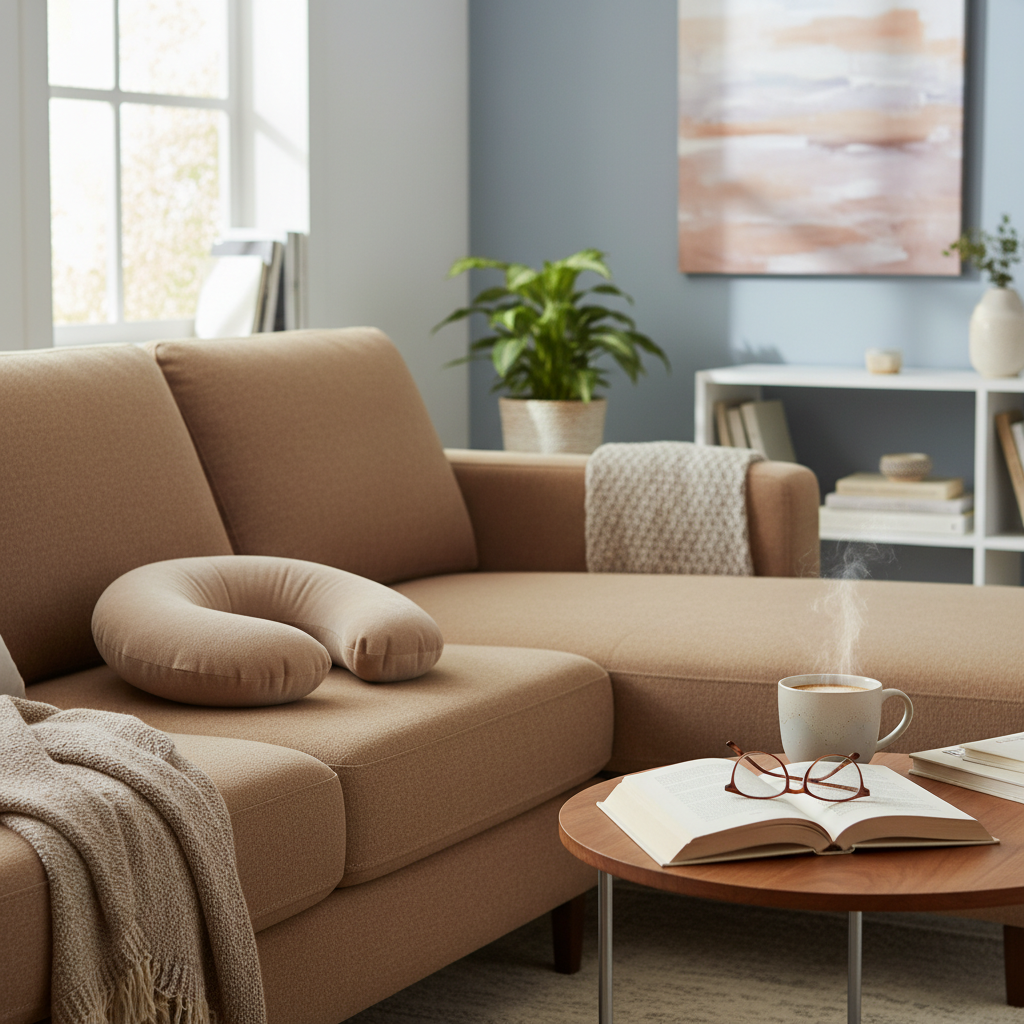포근한 거실 소파 위에 놓인 베이지색 U자형 목쿠션, 그 옆에 따뜻한 커피 한 잔과 펼쳐진 책이 놓인 감성적이고 평온한 라이프스타일 장면