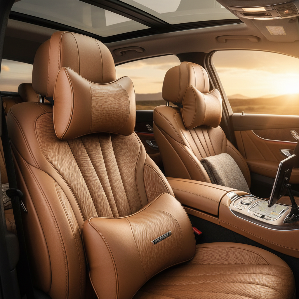 럭셔리한 자동차 내부의 가죽 시트에 설치된 세련된 디자인의 차량용 목쿠션, 장거리 운전의 편안함을 강조한 프리미엄 인테리어 사진