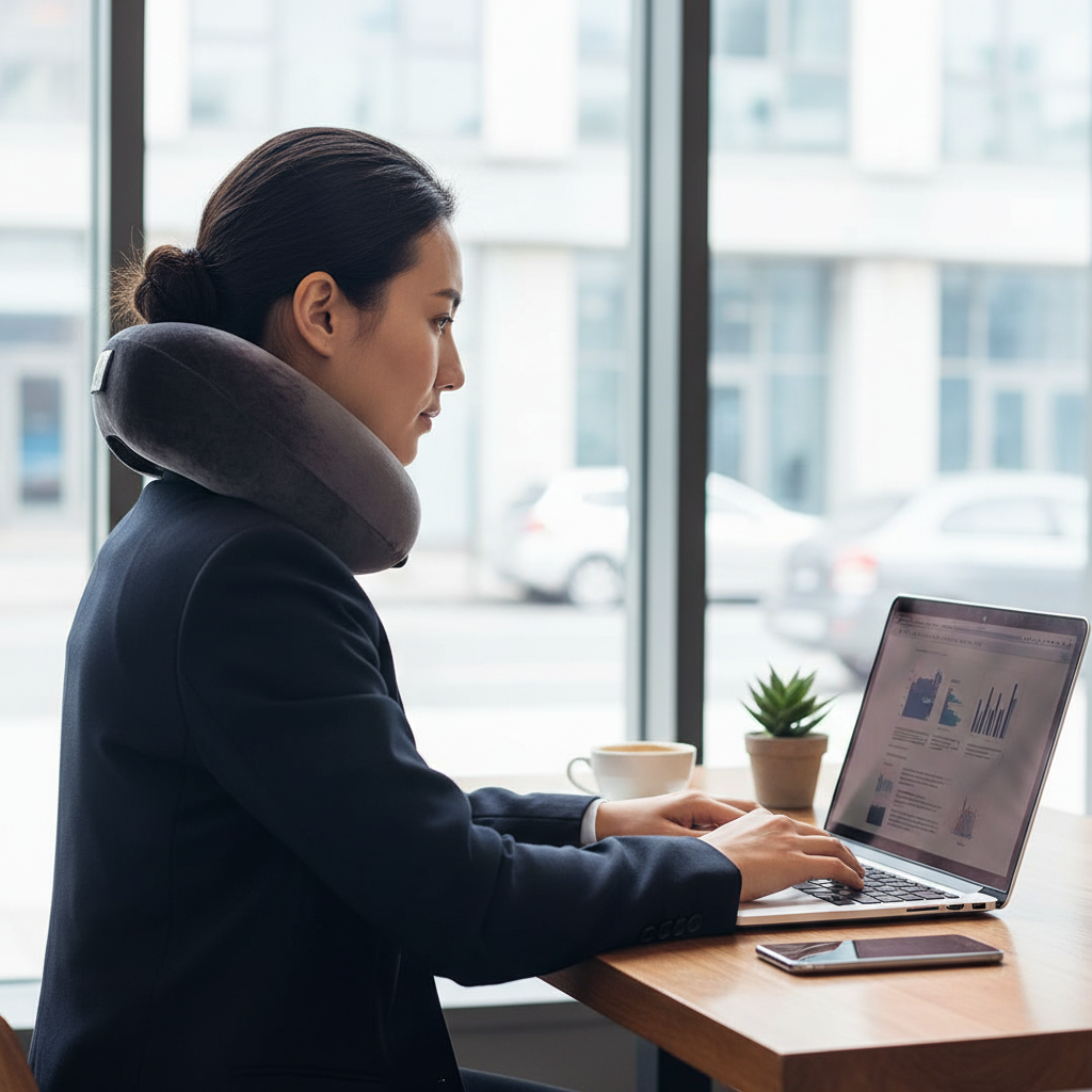 카페에서 노트북 작업을 하며 360도 지지형 목쿠션을 착용하고 있는 사람의 옆모습, 올바른 거북목 방지 자세와 인체공학적 설계를 강조한 고품질 이미지